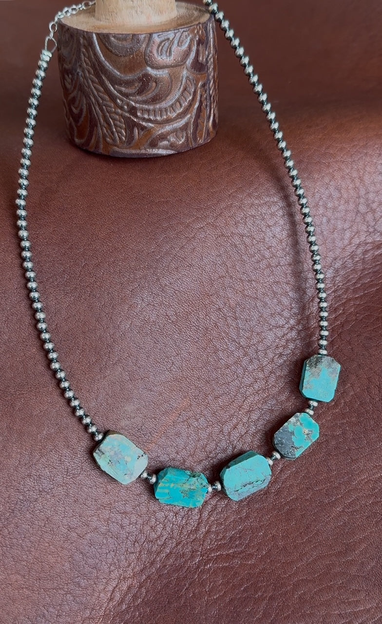 15" Native American Handmade Turquoise Slab & Sterling Silver Beaded Necklace