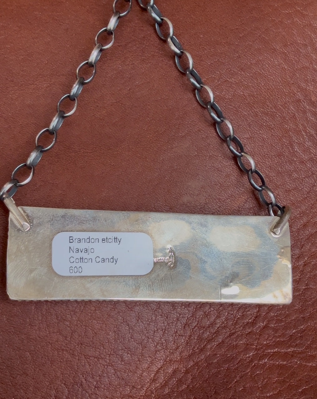 Native American Handmade Cotton Candy Turquoise Bar Necklace by Brandon Etcitty – Sterling Silver, 18"