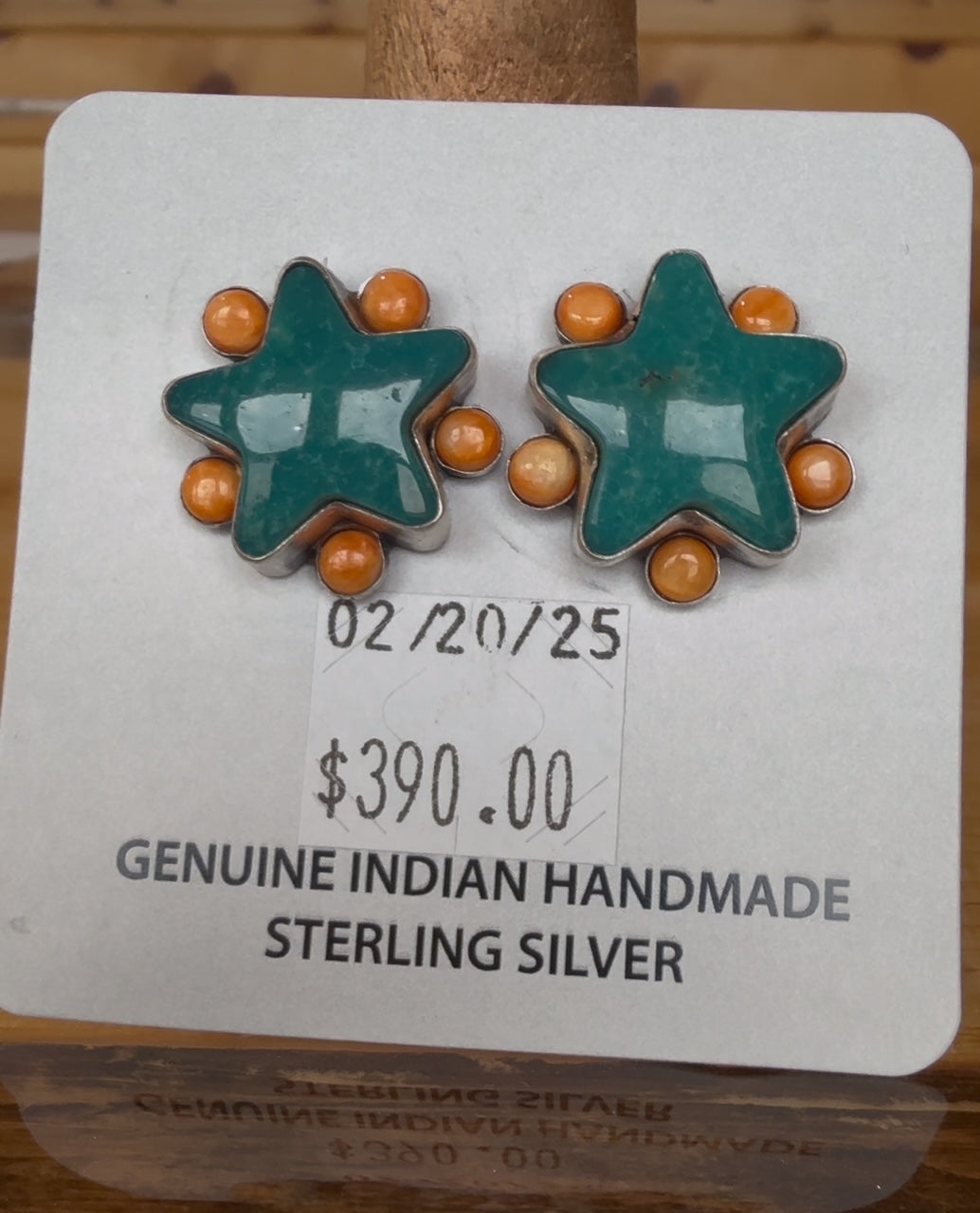 Genuine Native American Handmade Star-Shaped Campitos Turquoise & Spiny Oyster Stud Earrings – Sterling Silver