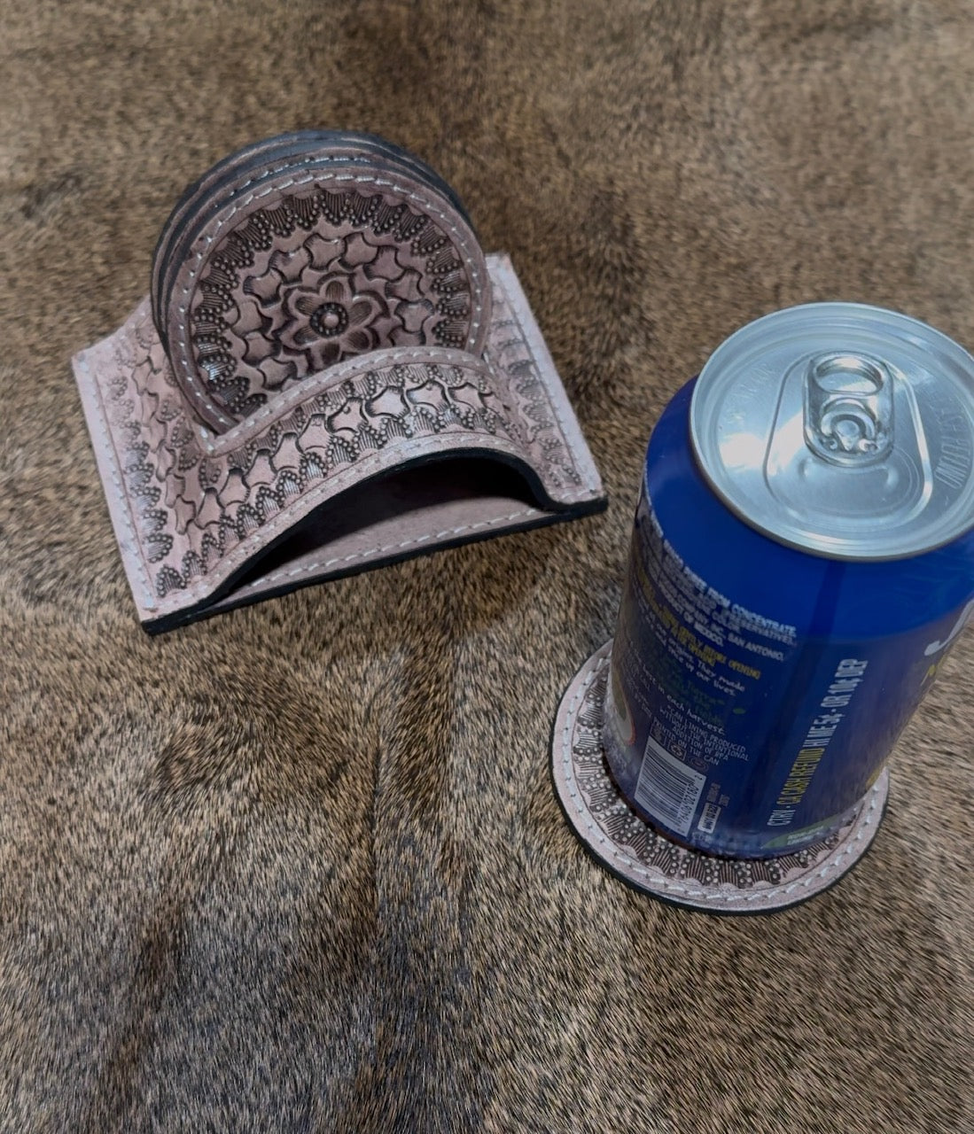 Hand Tooled Genuine Leather Coaster Set in Darker Shade