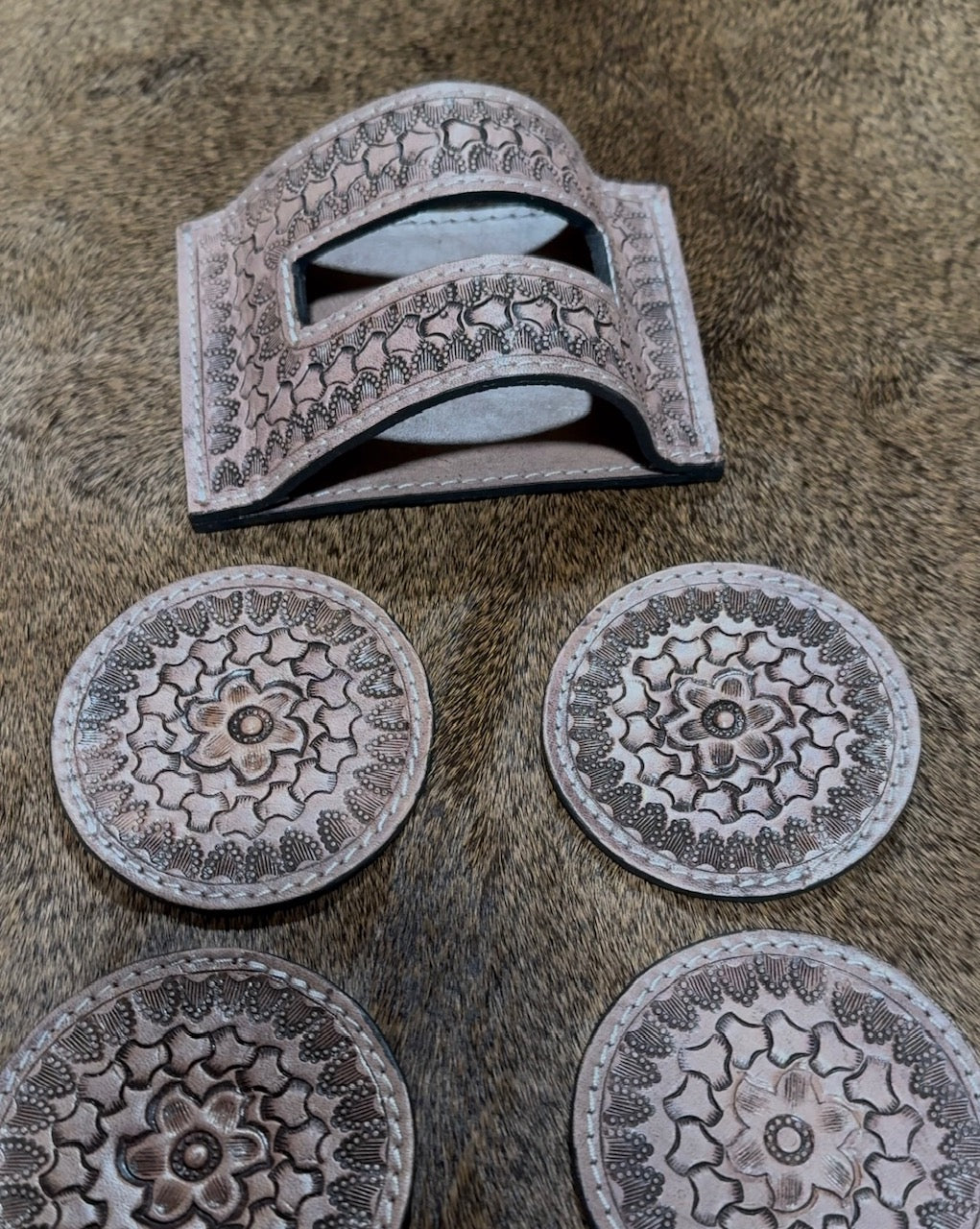 Hand Tooled Genuine Leather Coaster Set in Darker Shade