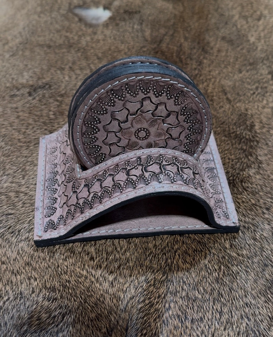 Hand Tooled Genuine Leather Coaster Set in Darker Shade