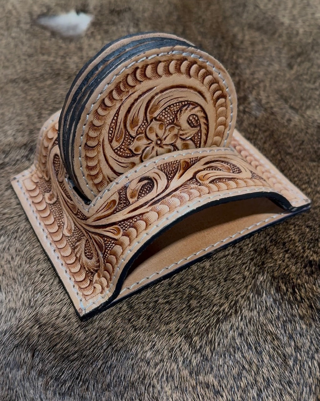Hand Tooled Genuine Leather Coaster Set
