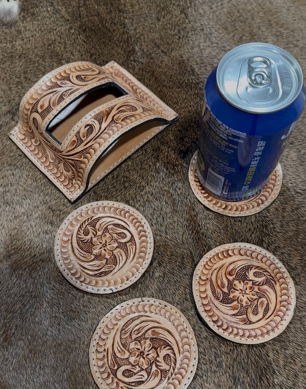 Hand Tooled Genuine Leather Coaster Set