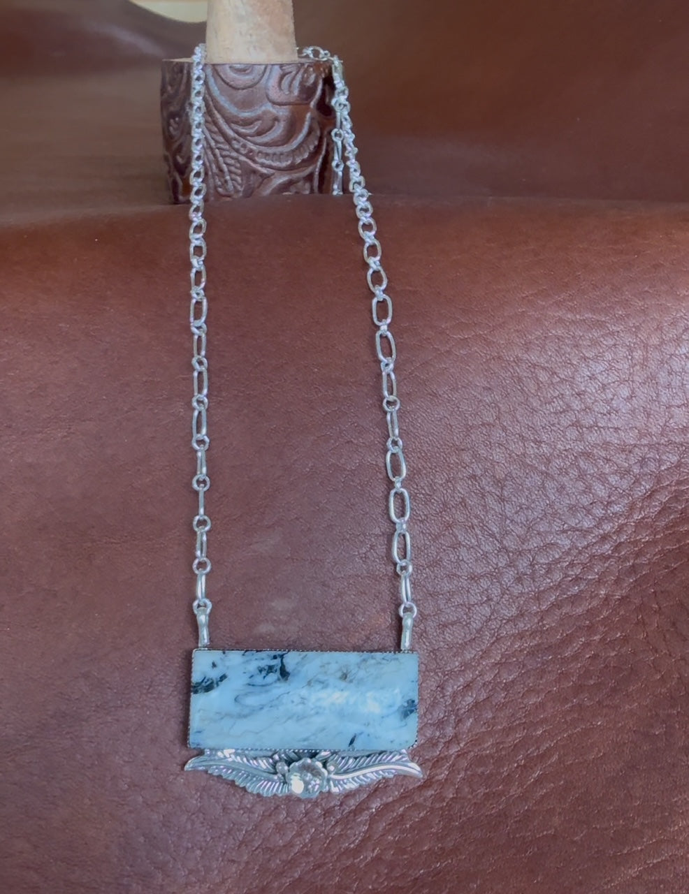 Native American Handmade White Buffalo Turquoise Bar Necklace – 18" Sterling Silver