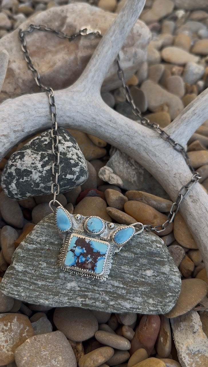 Handmade Golden Hills Turquoise 4-Stone Bar Pendant by AJF Co. – Sterling Silver, 18" Adjustable Chain