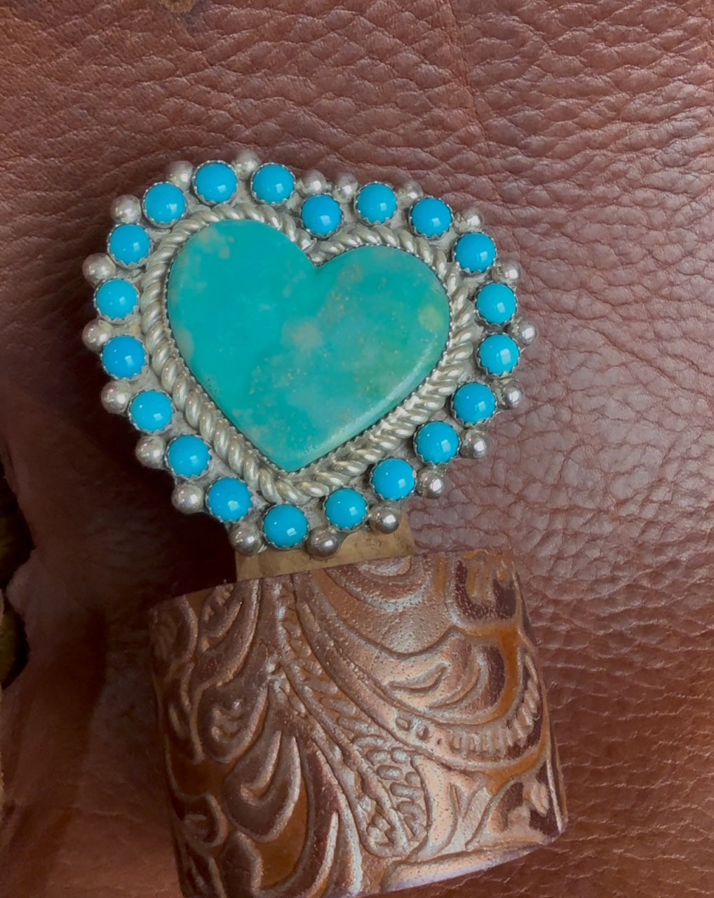 Native American Handmade Huge Heart-Shaped Turquoise Ring by Mel Benally – Adjustable Sterling Silver Statement Piece