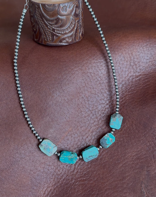 15" Native American Handmade Turquoise Slab & Sterling Silver Beaded Necklace