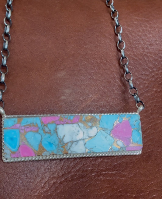 Native American Handmade Cotton Candy Turquoise Bar Necklace by Brandon Etcitty – Sterling Silver, 18"