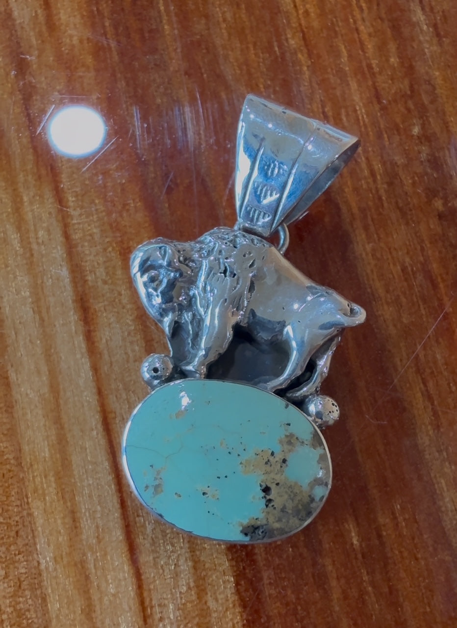 Native American Handmade Turquoise Buffalo Pendant – Sterling Silver