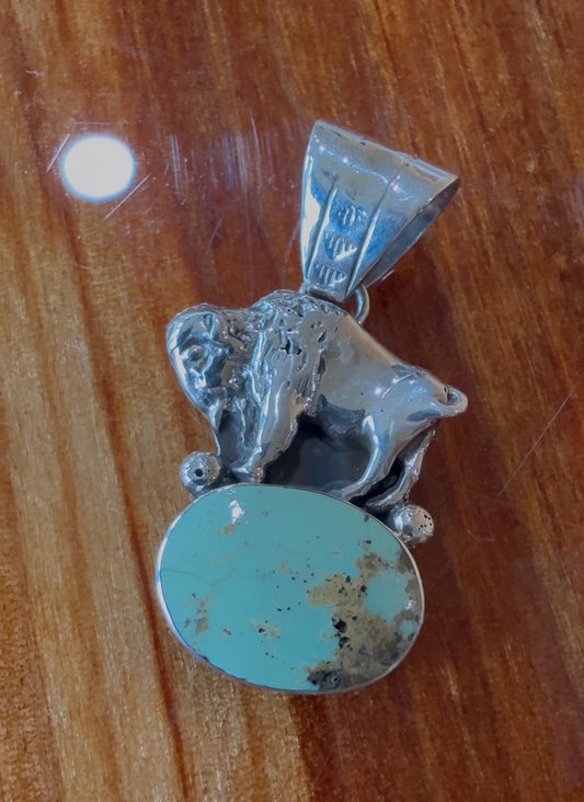 Native American Handmade Turquoise Buffalo Pendant – Sterling Silver