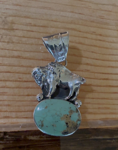 Native American Handmade Turquoise Buffalo Pendant – Sterling Silver