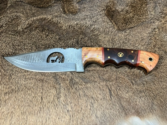 Custom Hand Made Damascus Hunting Knife, Rose and Olive Wood Handle