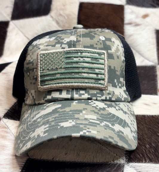 Removable Patch American Flag Trucker Hat in Digital Tan Camo