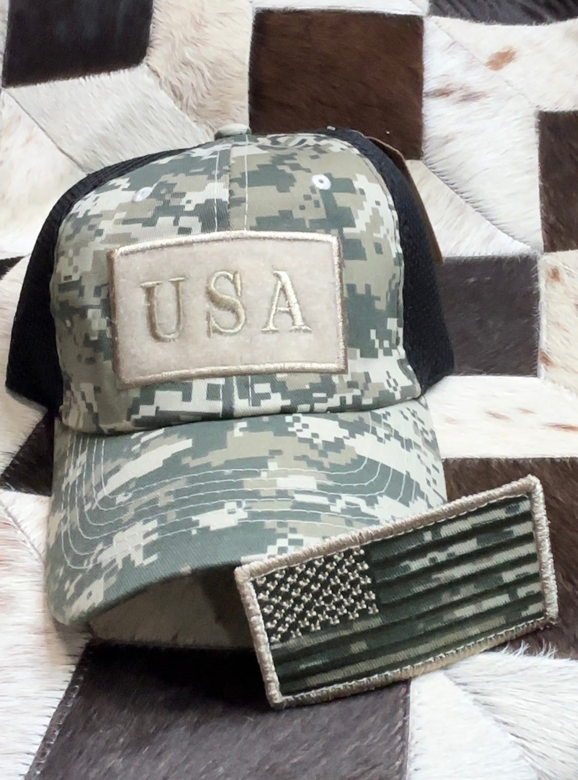 Removable Patch American Flag Trucker Hat in Digital Tan Camo