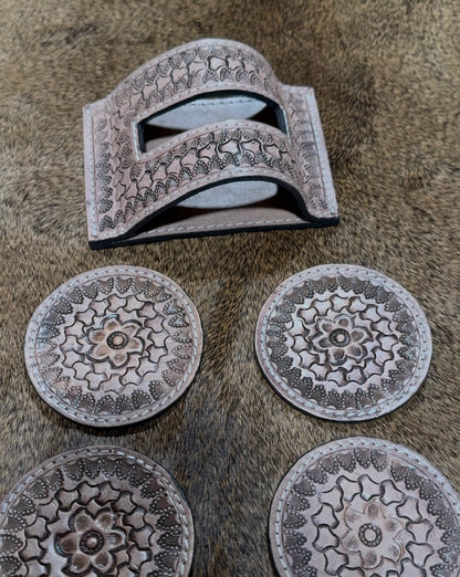 Hand Tooled Genuine Leather Coaster Set in Darker Shade