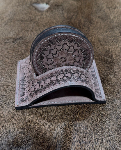 Hand Tooled Genuine Leather Coaster Set in Darker Shade