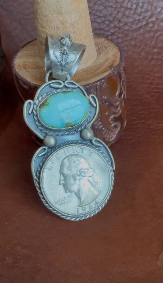 Native American Handmade Golden Hills Turquoise & 1964 Silver Quarter Pendant by Robert Nez – Sterling Silver