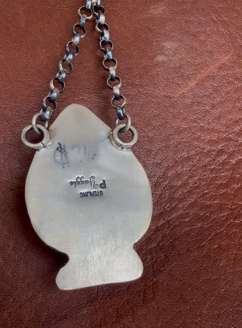 Native American Handmade Inlaid Turquoise & Spiny Oyster Spade Necklace by P. Yazzie – Sterling Silver, 18"