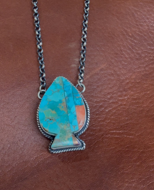 Native American Handmade Inlaid Turquoise & Spiny Oyster Spade Necklace by P. Yazzie – Sterling Silver, 18"