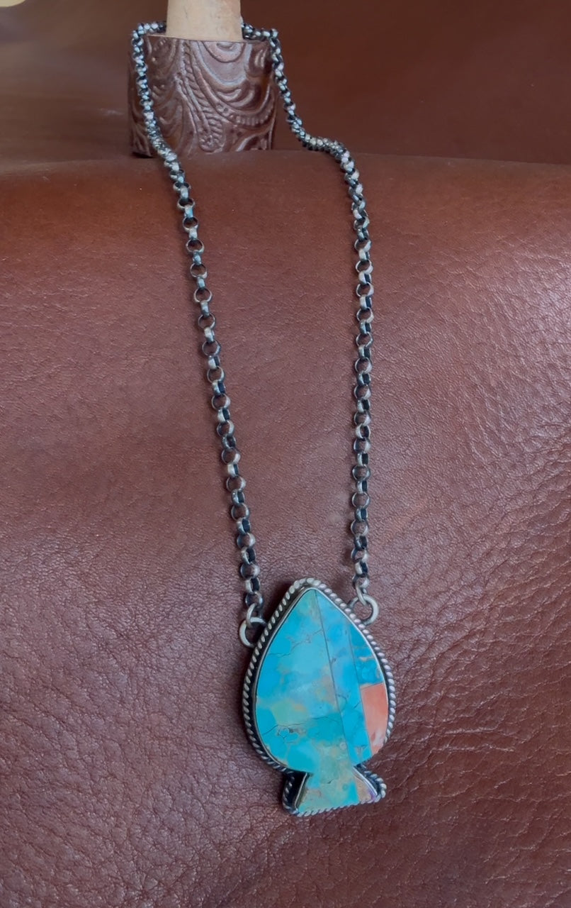 Native American Handmade Inlaid Turquoise & Spiny Oyster Spade Necklace by P. Yazzie – Sterling Silver, 18"