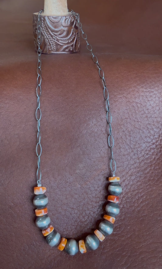 Native American Handmade Spiny Oyster & Sterling Silver Bead Necklace – 20" Adjustable with Lobster Clasp