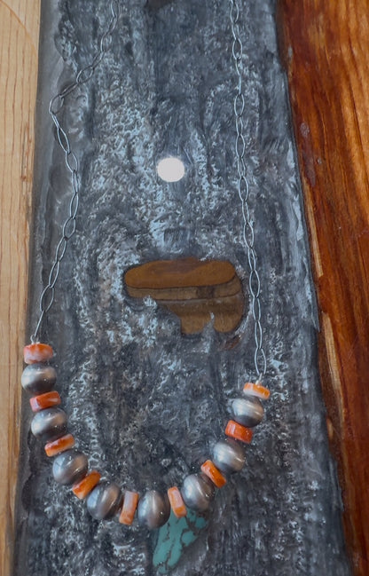 Native American Handmade Spiny Oyster & Sterling Silver Bead Necklace – 20" Adjustable with Lobster Clasp