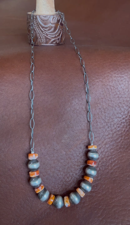 Native American Handmade Spiny Oyster & Sterling Silver Bead Necklace – 20" Adjustable with Lobster Clasp