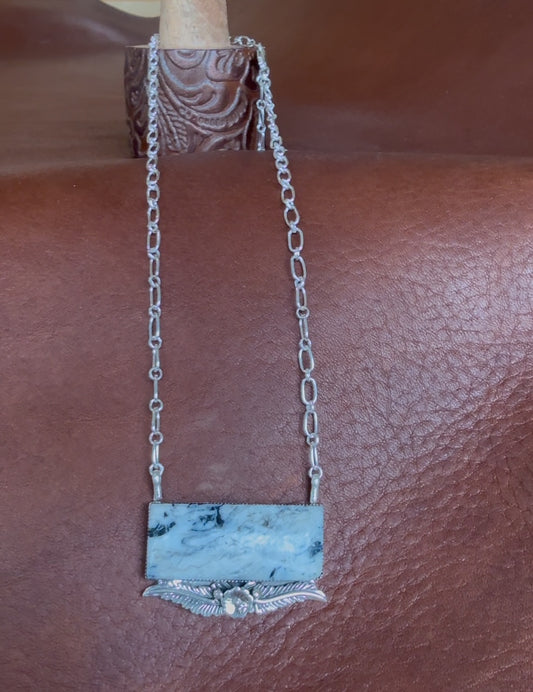 Native American Handmade White Buffalo Turquoise Bar Necklace – 18" Sterling Silver