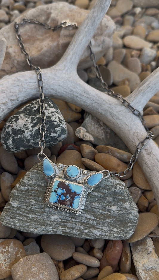 Handmade Golden Hills Turquoise 4-Stone Bar Pendant by AJF Co. – Sterling Silver, 18" Adjustable Chain