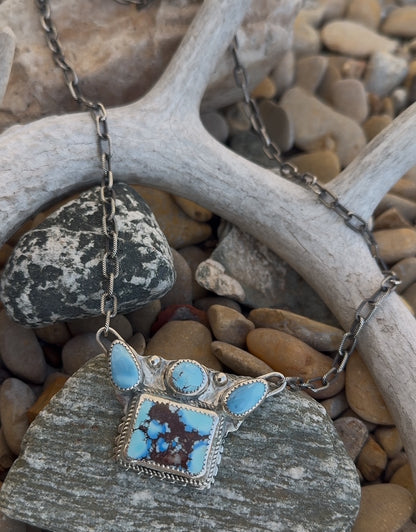 Handmade Golden Hills Turquoise 4-Stone Bar Pendant by AJF Co. – Sterling Silver, 18" Adjustable Chain