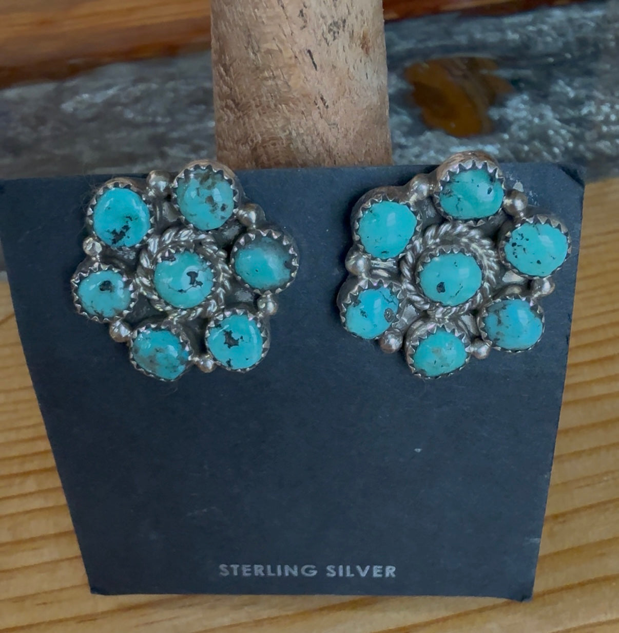 Native American Handmade 7-Stone Kingman Turquoise Stud Earrings by Maxine Ramirez – Sterling Silver