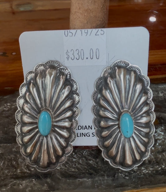 Native American Handmade Sterling Silver Concho Stud Earrings with Turquoise by Augustine Largo – Hand-Forged & Stamped