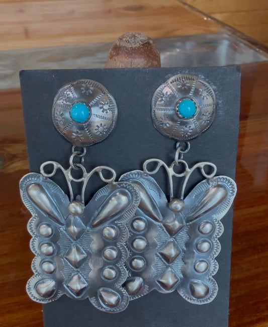 Native American Handmade Sterling Silver Concho Stud Earrings with Turquoise by L. Yazie – Hand-Forged & Stamped