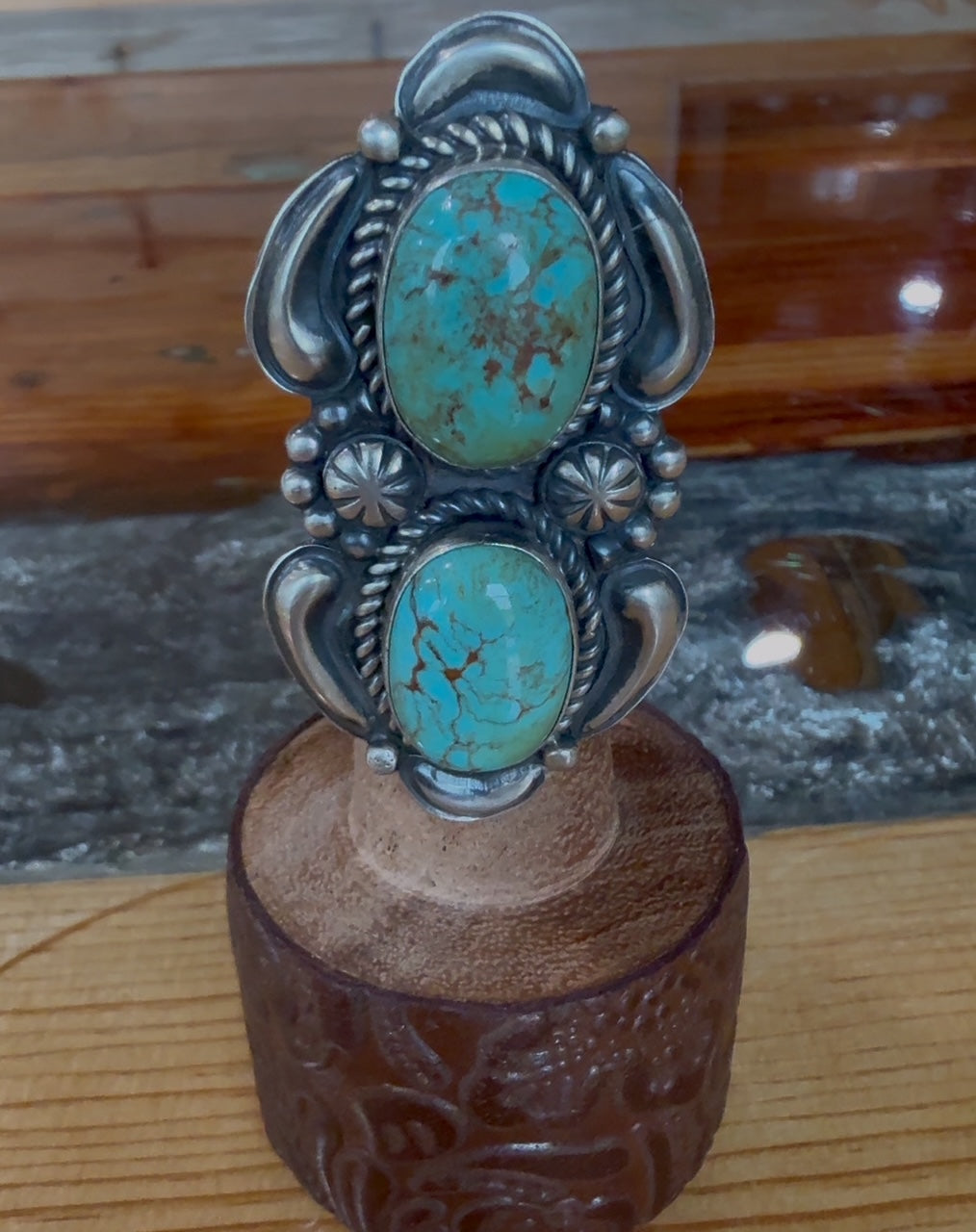Native American Handmade Sonoran Turquoise Double Stone Ring by Jeff James Jr. – Sterling Silver, Size 8.5
