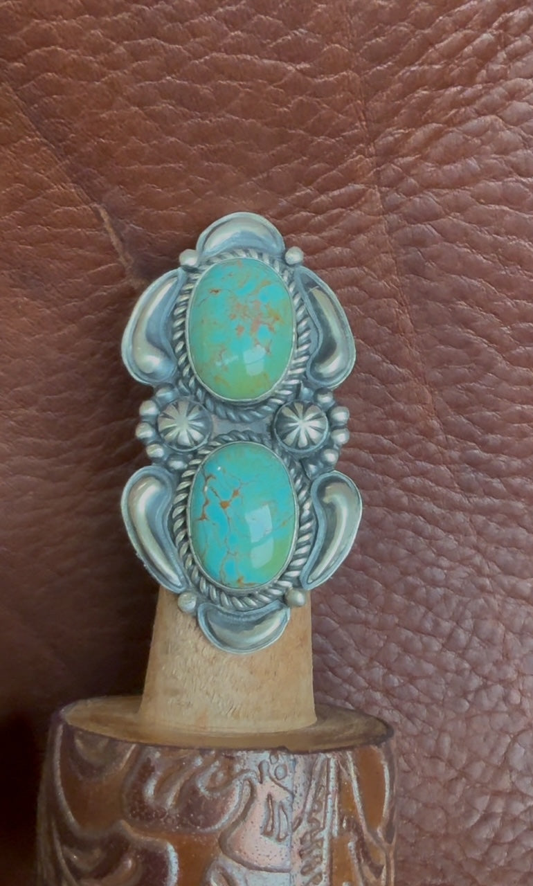Native American Handmade Sonoran Turquoise Double Stone Ring by Jeff James Jr. – Sterling Silver, Size 8.5