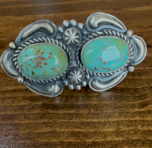 Native American Handmade Sonoran Turquoise Double Stone Ring by Jeff James Jr. – Sterling Silver, Size 8.5