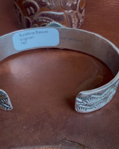 Native American Handmade Kingman Turquoise Heart Cuff Bracelet by Sunshine Reeves – Hand Stamped Sterling Silver