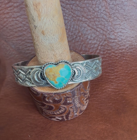 Native American Handmade Kingman Turquoise Heart Cuff Bracelet by Sunshine Reeves – Hand Stamped Sterling Silver