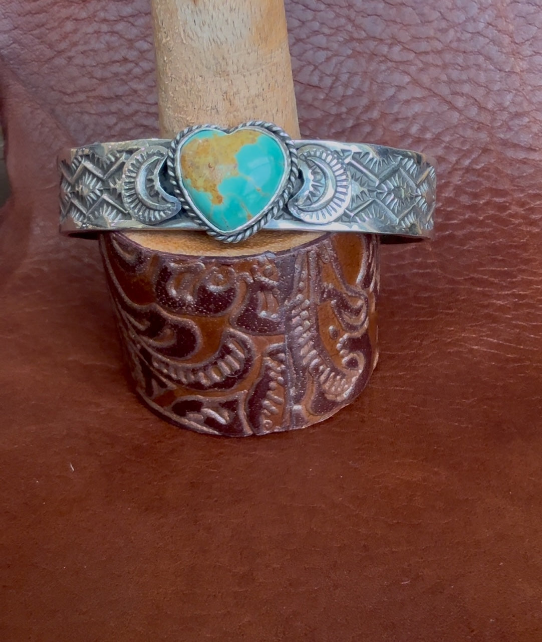 Native American Handmade Kingman Turquoise Heart Cuff Bracelet by Sunshine Reeves – Hand Stamped Sterling Silver