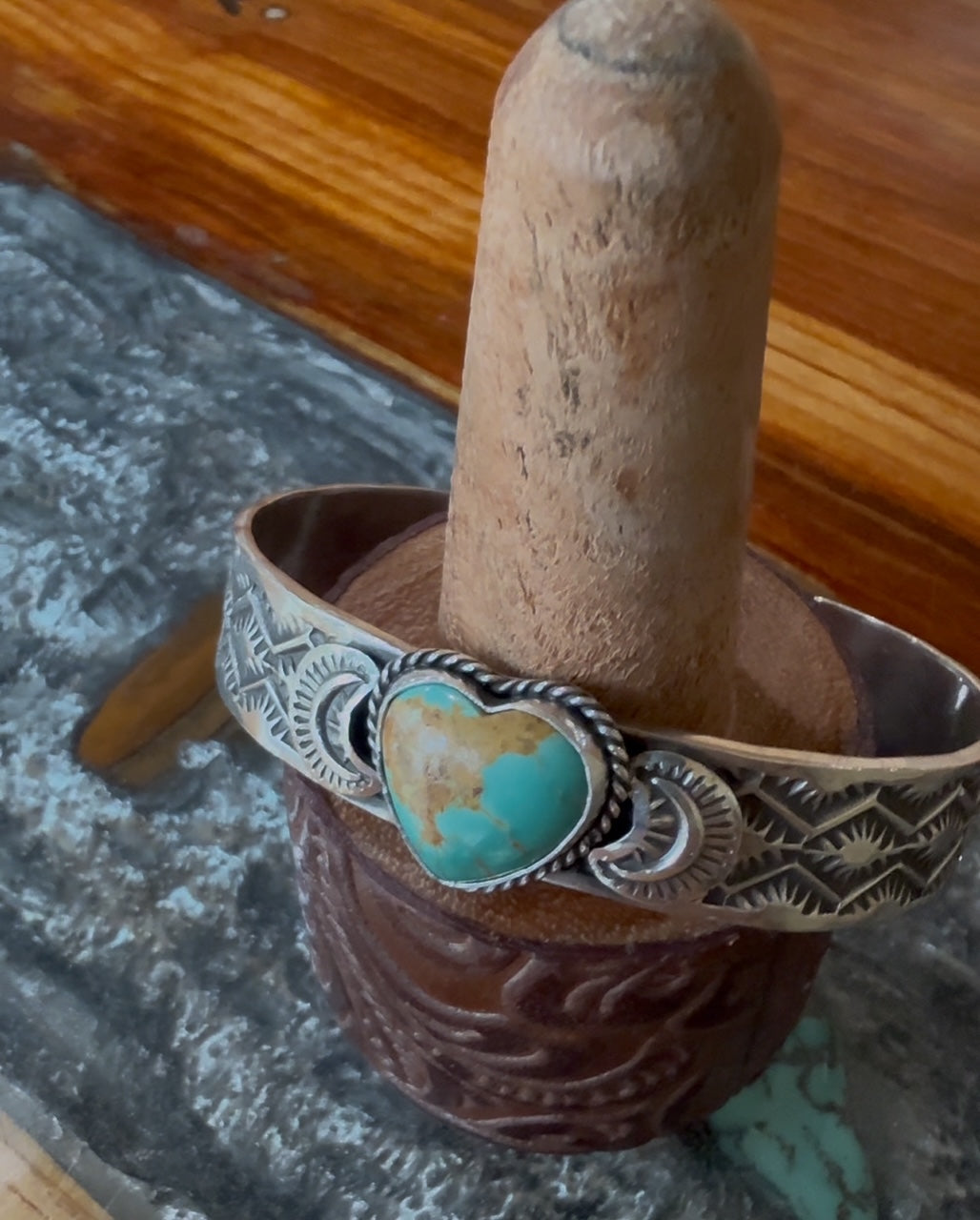 Native American Handmade Kingman Turquoise Heart Cuff Bracelet by Sunshine Reeves – Hand Stamped Sterling Silver