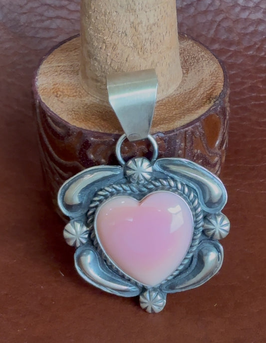 Native American Handmade Pink Conch Heart Pendant by James Jeff Jr. – Hand-Forged & Stamped Sterling Silver