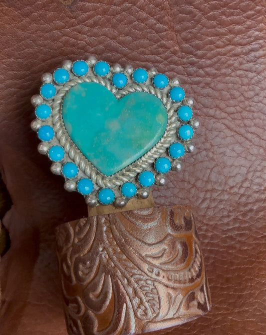Native American Handmade Huge Heart-Shaped Turquoise Ring by Mel Benally – Adjustable Sterling Silver Statement Piece