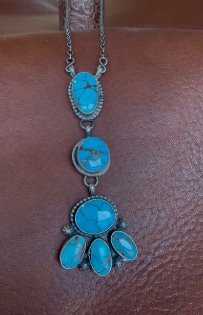 Native American Handmade 6-Stone Egyptian Turquoise Necklace by Lorenzo Juan – Sterling Silver, 19" Adjustable Necklace Statement Piece