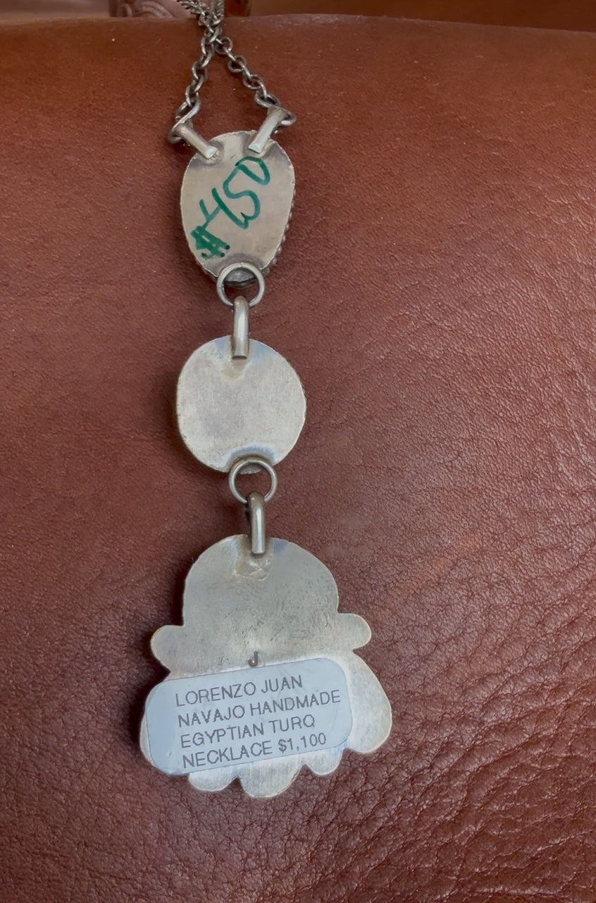 Native American Handmade 6-Stone Egyptian Turquoise Necklace by Lorenzo Juan – Sterling Silver, 19" Adjustable Necklace Statement Piece