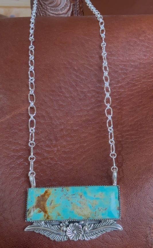 Native American Handmade Turquoise Bar Necklace – 18" Sterling Silver
